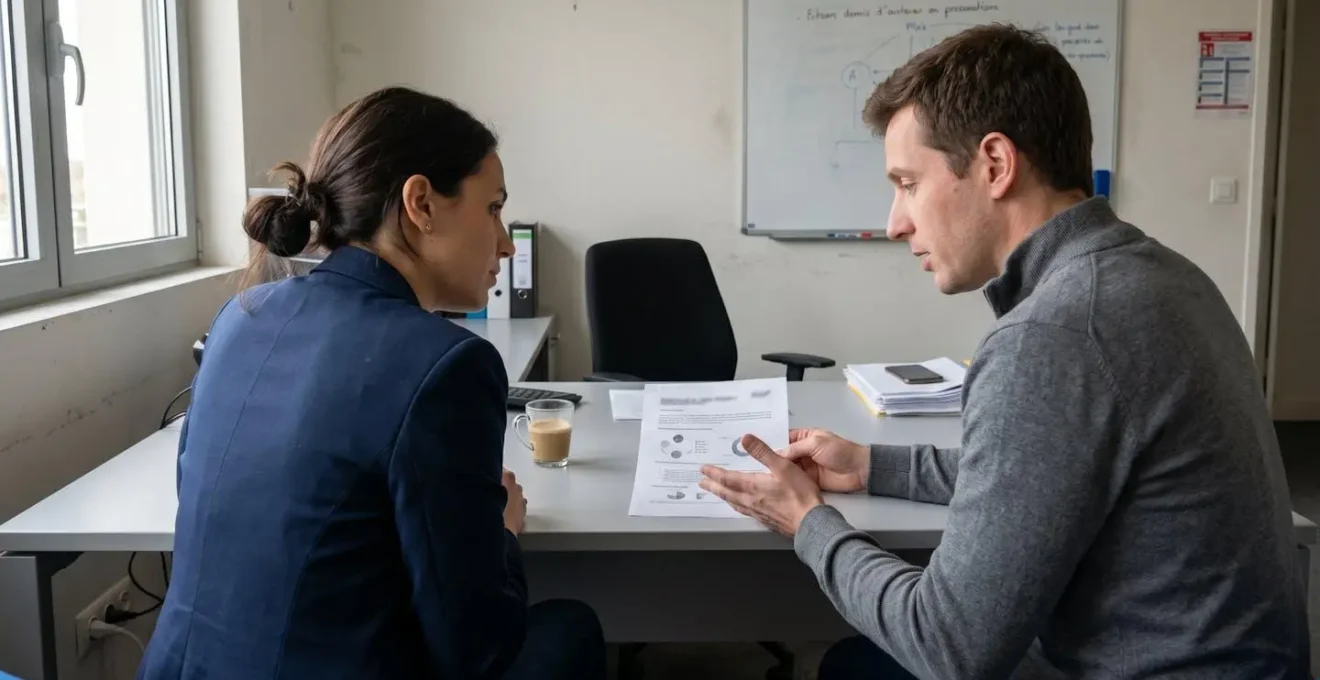 Deux professionnels en réunion de travail décontractée, échangeant autour d'un document dans un bureau lumineux moderne