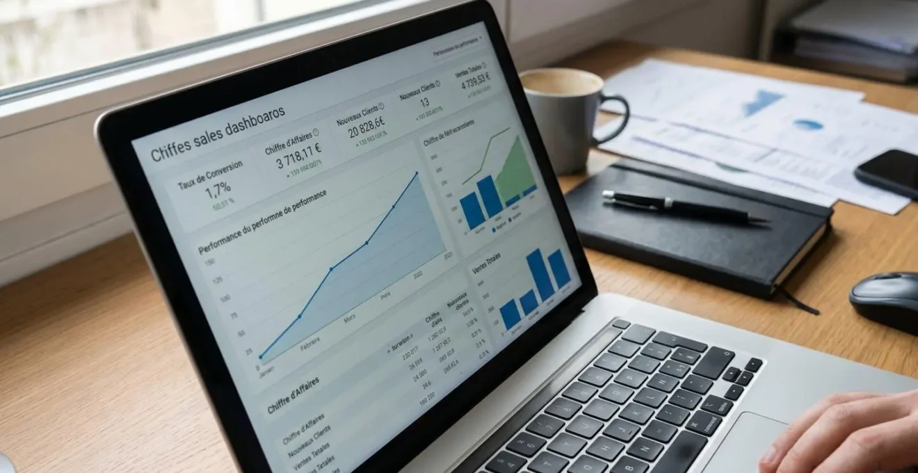 Écran d'ordinateur affichant un tableau de bord commercial avec graphiques de taux de conversion en progression